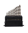 Premium M42 HSS Cobalt Drill Bit Set With Eight Percent High Cobalt Plus 68 To 70 HRC Hardness drills arranged in a plastic holder.