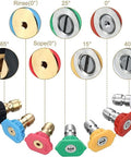 Eight color-coded pressure washer nozzle tips with 1/4-inch quick-connect and pivoting couplers for varied spray angles (0°, 15°, 25°, 40°, 65°)