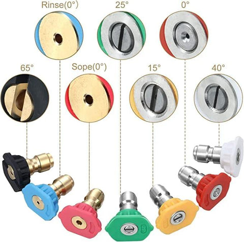 Eight color-coded pressure washer nozzle tips with 1/4-inch quick-connect and pivoting couplers for varied spray angles (0°, 15°, 25°, 40°, 65°)
