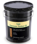 Five Gallon Mountain Cedar Timber Oil Wood Stain Low Voc Oil Based Heavy Duty Deck Finishing in black container.