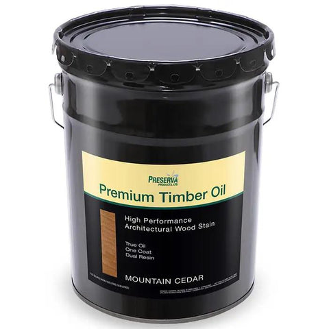 Five Gallon Mountain Cedar Timber Oil Wood Stain Low Voc Oil Based Heavy Duty Deck Finishing in black container.