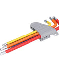 Top Notch Professional Star Hex Key Wrench Set Made From Heavy Duty Chrome Vanadium Steel Long Arm Torx Tool Kit With Zero Rebound Design For Real Mechanics And Serious DIY Projects In Sizes T10 Through T50 That Rock. multicolor Torx key set in gray holder