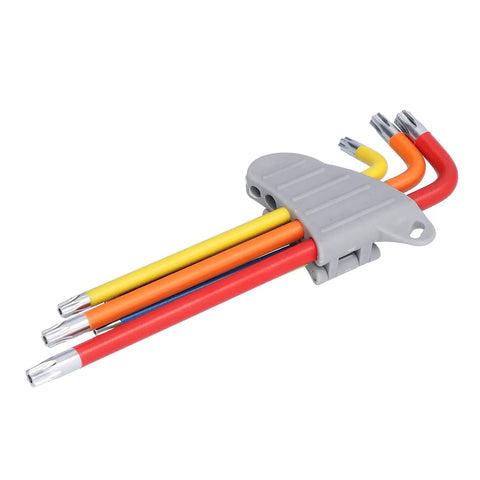 Top Notch Professional Star Hex Key Wrench Set Made From Heavy Duty Chrome Vanadium Steel Long Arm Torx Tool Kit With Zero Rebound Design For Real Mechanics And Serious DIY Projects In Sizes T10 Through T50 That Rock. multicolor Torx key set in gray holder
