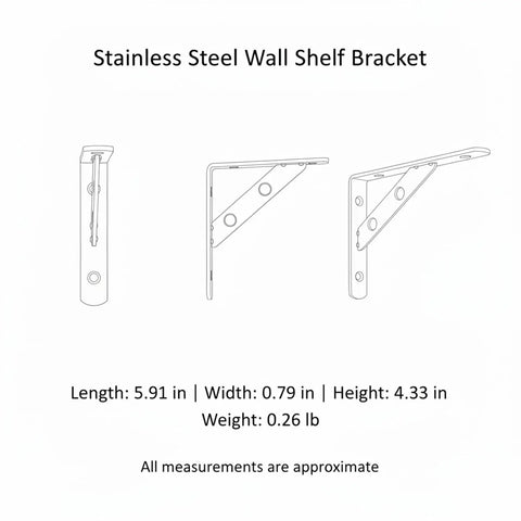 Heavy Duty Wall Mount Shelf Bracket Stainless Steel L Bracket with dimensions and anti-corrosion silver finish schematic view