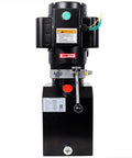 Heavy Duty Single Acting Hydraulic Power Unit With Steel Tank, front view, robust black pump for equipment and lift gate use.