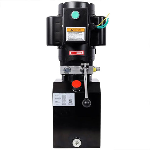 Heavy Duty Single Acting Hydraulic Power Unit With Steel Tank, front view, robust black pump for equipment and lift gate use.