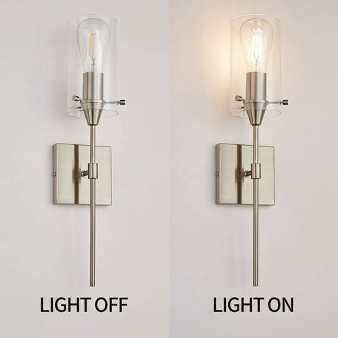 Brushed Nickel Wall Sconces Set Of 2 Sleek Modern Industrial Vanity Lights With Clear Glass Shades For Bathroom Farmhouse Style Wall Lighting Fixtures For Bath Vanity Two Pack Bulb Not Included