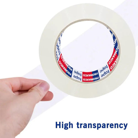 Heavy Duty Packing Tape Six Rolls Pack, 390 Yards Total, Clear 2.8 Mil, 1.88 Inch Wide, held by hand showing high transparency