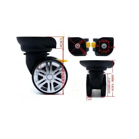 Kick The Squeaks To The Curb With These Heavy Duty Replacement Luggage Casters Engineered For Silent Glide and Reliable Braking on every standard carry on suitcase, showing dimensions and design.
