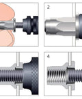 Illustration of installation steps for 90 Piece Mixed Zinc Plated Carbon Steel Flat Head Rivet Nut Kit with M3-M10 sizes.