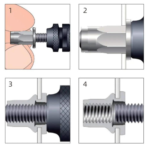 Illustration of installation steps for 90 Piece Mixed Zinc Plated Carbon Steel Flat Head Rivet Nut Kit with M3-M10 sizes.