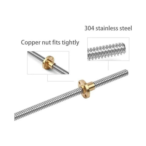 Stainless Steel Trapezoidal Lead Screw With Brass Nut For 3D Printer 3mm Pitch, close-up view showing copper nut and steel material
