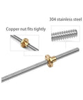Stainless Steel Trapezoidal Lead Screw with Brass Nut for 3D Printers, T12 Type, 304 stainless, copper nut detailed view