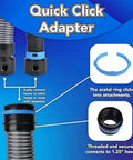 Close-up of Quick Click Adapter from 16 Foot Commercial Vacuum Hose with multi-brand power tool adapter set and acetyl ring.