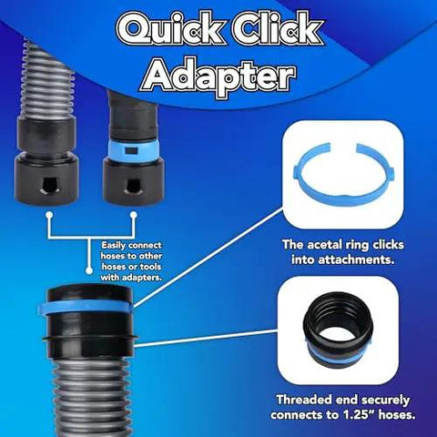 Close-up of Quick Click Adapter from 16 Foot Commercial Vacuum Hose with multi-brand power tool adapter set and acetyl ring.