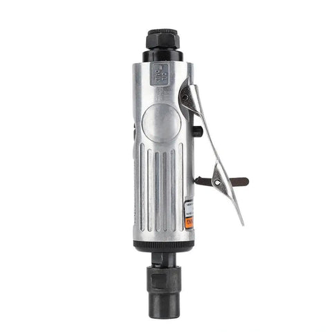 Top Tier 25000 Rpm Air Die Grinder Kit With Quick Chuck and 16 Piece Set side view showing metal body and safety throttle.