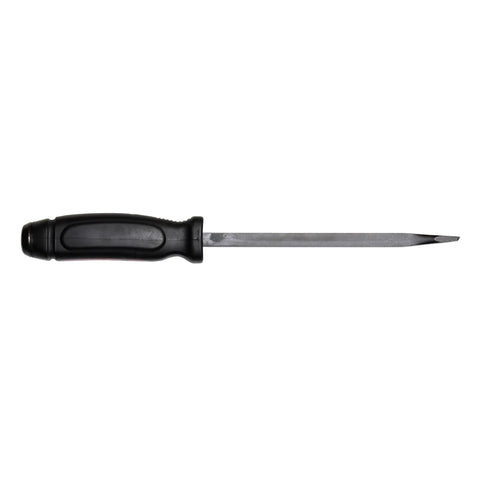 Dominator 12 Inch Straight Screwdriver Pry Bar with ergonomic handle and solid striking cap, black oxide finish, side view.