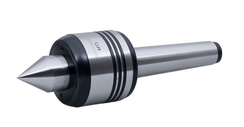 Front view of MT3 Precision Medium Duty Live Center for manual lathes, deep groove ball bearing, needle bearing, anti dust seal, 6.69 inch length