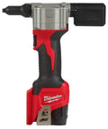 M12 Cordless Rivet Tool Kit for No Fuss Riveting on Aluminum, Steel And Stainless Rivets, side view with red and black design