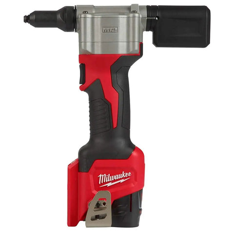M12 Cordless Rivet Tool Kit for No Fuss Riveting on Aluminum, Steel And Stainless Rivets, side view with red and black design