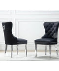 Two black velvet chairs with tufted backs and metal legs from the Six Piece Round Dining Set With Marble Top And Lazy Susan Modern Black Dining Room Set Includes Six Chairs For Easy Grub Gathering Minimal Assembly Required Stylish Home Decor Game Changer.