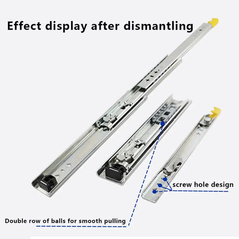 Disassembled heavy duty drawer slides with soft close full extension rails, three fold ball bearing tracks, locking design, cold rolled steel, 300mm