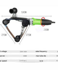 Heavy Duty Electric Belt Sander And Tube Polisher for Knuckle Busting Metal Finishing, showing dimensions and features.