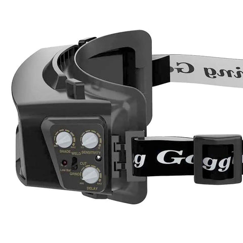 Side view of Auto Darkening Welding Goggles with Adjustable Sensitivity and Wide Shade 4/9-13, showing controls and head strap.
