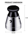 Amazon pressure cooker relief valve, stainless steel vent with black knob, front view, 1.45 in tall, 1.06 in diameter