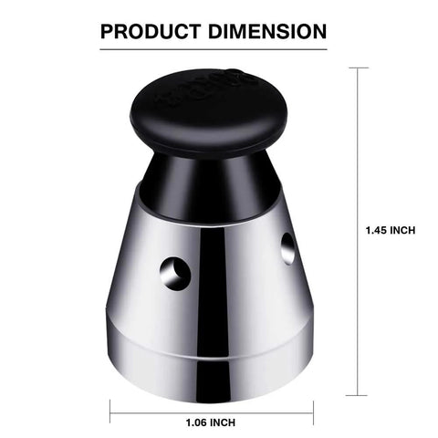 Amazon pressure cooker relief valve, stainless steel vent with black knob, front view, 1.45 in tall, 1.06 in diameter