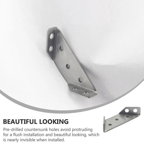 Heavy Duty Stainless Steel Corner Brackets Set Of 10 For Shelf Support, angled view showing trapezoid shape with pre-drilled holes