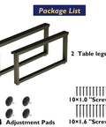Package list showing 16 Inch Wide Metal Coffee Table Legs Black Industrial Modern Steel Base with screws and pads for tables