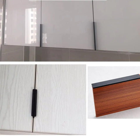 Edge Finger Pulls 2 Pack Hidden Cabinet Handles for kitchen cabinet drawers, aluminum alloy, anti-rust design close-up and installed view.
