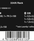 Product label for 334 Six Piece Rack Screwdriver Set With Kraftform Plus Lasertip Slotted And Phillips Drives Handy Rack Storage.