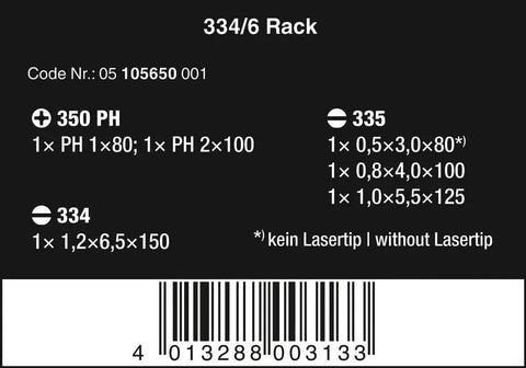 Product label for 334 Six Piece Rack Screwdriver Set With Kraftform Plus Lasertip Slotted And Phillips Drives Handy Rack Storage.