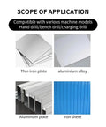 Scope of application showing thin iron plate, aluminum alloy, aluminum plate, and iron sheet compatible with drills.