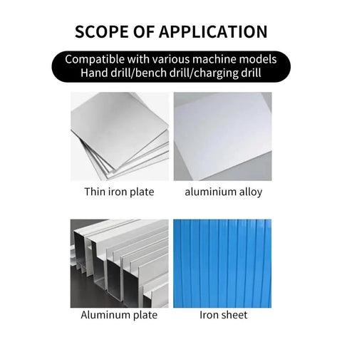 Scope of application showing thin iron plate, aluminum alloy, aluminum plate, and iron sheet compatible with drills.