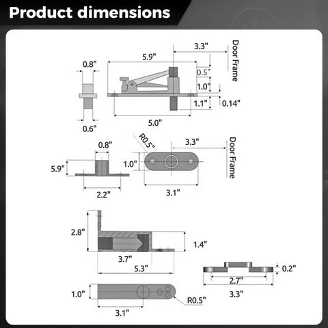 Technical drawing of Heavy Duty Invisible 360 Degree Pivot Hinges For Secret Doors detailing dimensions and components.