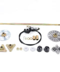 Beefed Up 740Mm Rear Axle Kit With Brake Assembly For Go Kart And 50Cc ATV Rear Shaft, Complete Heavy Duty Package With 160Mm Disc 4Mm Thick, 58T T8F Sprocket (No Chain), Master Cylinder And 61Inch Brake Line, Fits Most Pit Bikes shown with components spread out.