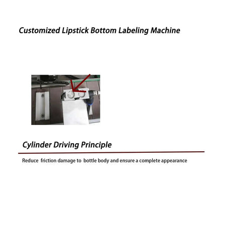Fully Automatic Bottom Label Applicator For Cosmetic Lipstick Tubes showing cylinder driving principle for steady labeling.