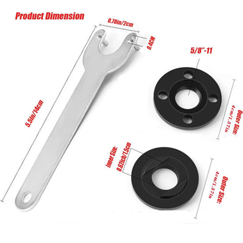 Grinder flange angle wrench set with silver wrench and black lock nuts for 5/8-11 grinders (1 wrench, 3 inner, 3 outer)
