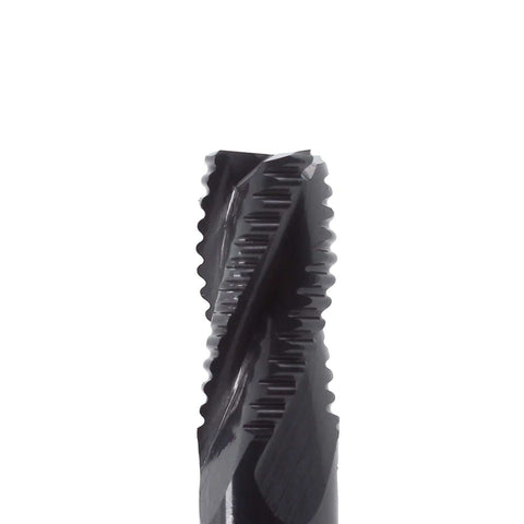 Close-up of roughing end mill, HSS square-nose, 4-flute, 3/8 in shank, black finish