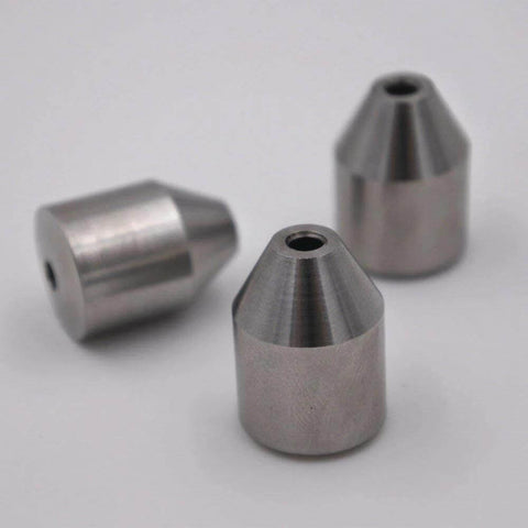 Front view of a set of 3 3/8-inch bullet-cone inserts, metal, for waterjet cutting tools