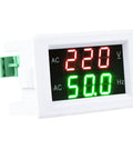 Zero Fuss Dual Led Ac Voltmeter And Ammeter Combo Reading 80 To 500 Volts Plus 45 To 65 Hertz Frequency Data For Car Boat House And DIY Setup Project White, displaying 220V and 50Hz.