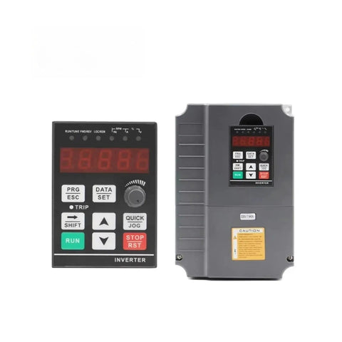 Beefed-Up 7.5kW VFD Inverter For 220V 380V Motors, Smooth Variable Frequency Drive With 1 HP Or 3 HP Input And 3 HP Output, Energy Saving, Pure Copper Windings, Safe Durable Performance. front panel and 220V 7.5kW unit