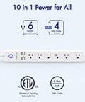 Power Strip Surge Protector With 6 Outlets And 4 USB Ports, 15 Ft Heavy Duty Extension Cord, Flat Plug, ETL Listed on white background