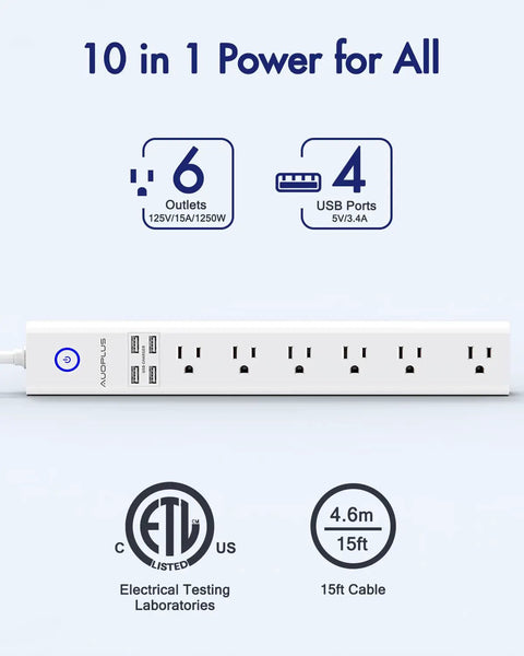 Power Strip Surge Protector With 6 Outlets And 4 USB Ports, 15 Ft Heavy Duty Extension Cord, Flat Plug, ETL Listed on white background