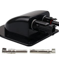Rugged ABS Dual Cable Entry Housing For Solar PV Connectors Waterproof Weatherproof Box With UV Resistant Shell Black Entry Gland Reduces Wind Noise Ideal For RVs Boats Campers Vans, showing dual connectors and metal parts.