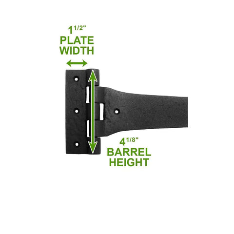 Wrought Iron Heart Style Strap Hinge 18 inch pack of 4, showing 1 1/2 inch plate width and 4 1/8 inch barrel height, black powder coated finish.