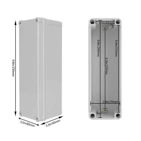 Outdoor IP67 Junction Box With Mounting Plate 9.8 By 3.3 By 3.1 Inches ABS Plastic Project Box DIY Electrical Enclosure Gray Built Tough Weatherproof Dustproof For Outdoor Use And Safe Electrical Projects, shown with dimensions